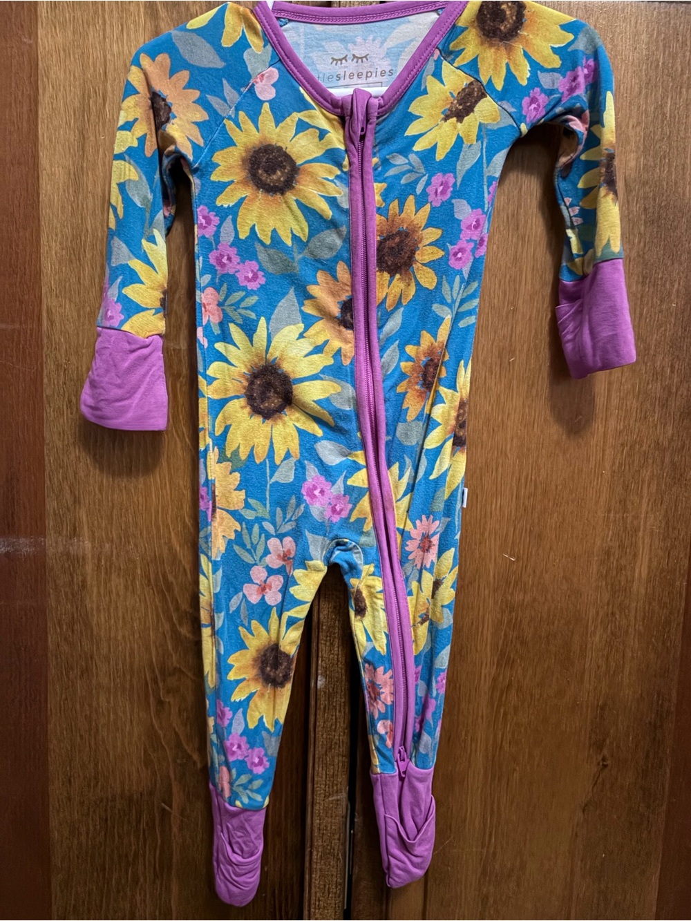 Little Sleepies 0-3 months Blue Sunflower Footed One-Piece with Pink Trim